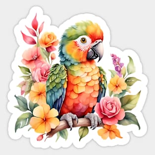 A parrot decorated with beautiful watercolor flowers Sticker